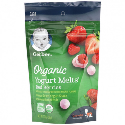 Gerber, Organic, Yogurt Melts, для малышей от 8 месяцев, с красными ягодами, 28 г (1,0 унция)