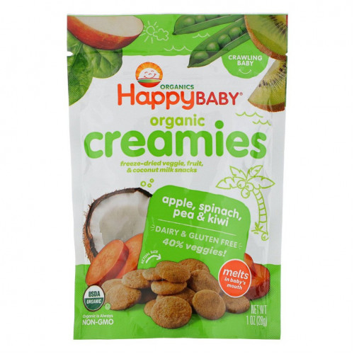 Happy Family Organics, Organic Creamies, снеки из сублимированных овощей, фруктов и кокосового молока, яблоко, шпинат, горох и киви, 28 г (1 унция)