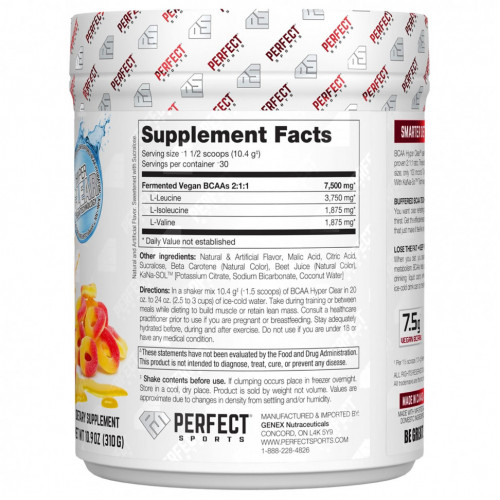 Perfect Sports, BCAA Hyper Clear, персиковые кольца насыщенного цвета, 310 г (10,9 унции)