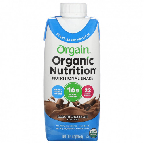 Orgain, Organic Nutrition, питательный коктейль, гладкий шоколад, 4 пакетика по 330 мл (11 жидк. Унций)