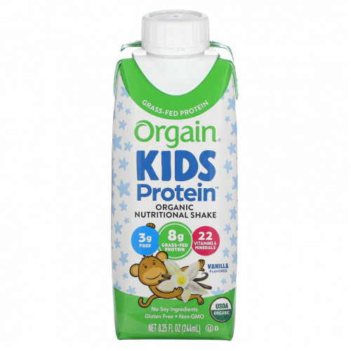 Orgain, Kids Protein, органический питательный коктейль, ваниль, 4 пакетика, по 244 мл (8,25 жидк. Унции)