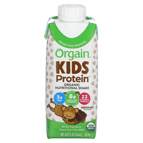 Orgain, Kids Protein, органический питательный коктейль, шоколад, 4 пакетика по 244 мл (8,25 жидк. Унции)