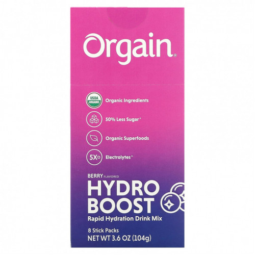 Orgain, Hydro Boost, смесь для быстрого увлажнения, ягодный, 8 пакетиков по 13 г (0,45 унции)