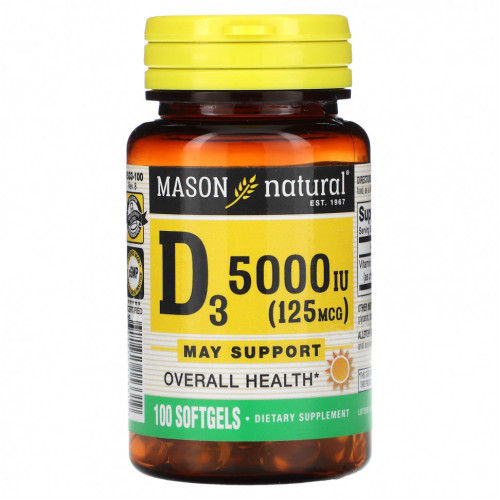 Mason Natural, Витамин D3, 5000 МЕ (125 мкг), 100 мягких таблеток