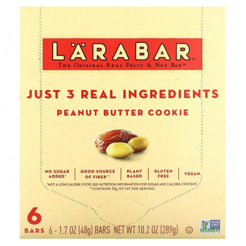 Larabar, The Original Real Fruit & Nut Bar, печенье с арахисовой пастой, 6 батончиков по 48 г (1,7 унции)