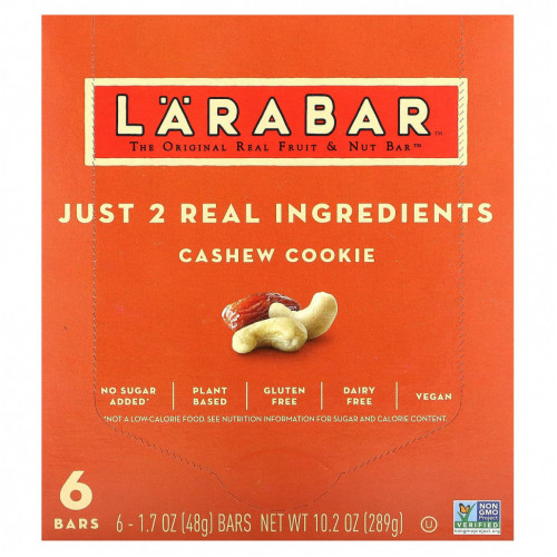 Larabar, The Original Real Fruit & Nut Bar, печенье с кешью, 6 батончиков, 48 г (1,7 унции)