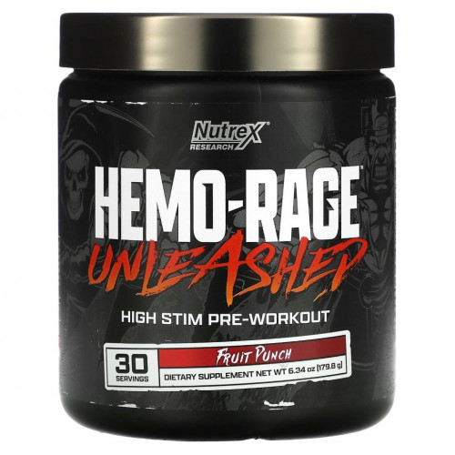 Nutrex Research, Hemo-Rage, Unleashed, предтренировочный комплекс с высокой стимуляцией, фруктовый пунш, 179,8 г (6,34 унции)