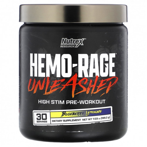 Nutrex Research, Hemo-Rage Unleashed, High Stim перед тренировкой, черничный лимонад, 199,2 г (7,03 унции)