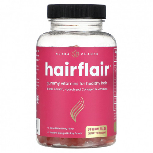 NutraChamps, Hairflair, натуральное ягодное ассорти, 60 жевательных мишек