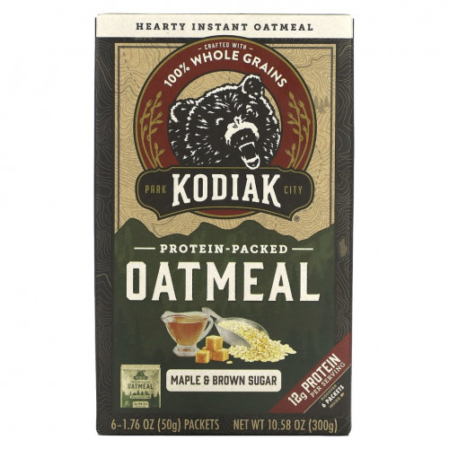 Kodiak Cakes, Овсянка с протеином, кленовый сироп и коричневый сахар, 6 пакетиков по 50 г (1,76 унции)