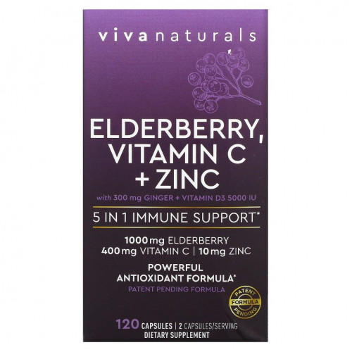 Viva Naturals, Elderberry, витамин C и цинк, поддержка иммунитета 5 в 1, 120 капсул