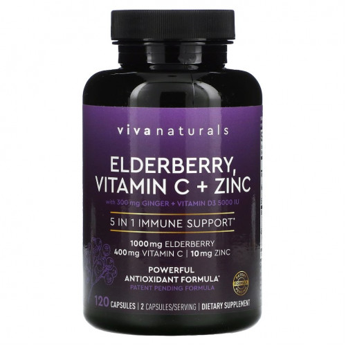 Viva Naturals, Elderberry, витамин C и цинк, поддержка иммунитета 5 в 1, 120 капсул