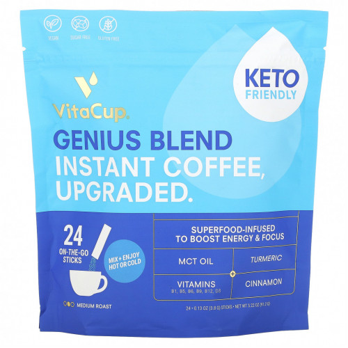 VitaCup, Genius Blend, растворимый кофе, средней обжарки, 24 палочки для еды, по 3,8 г (0,13 унции) каждая