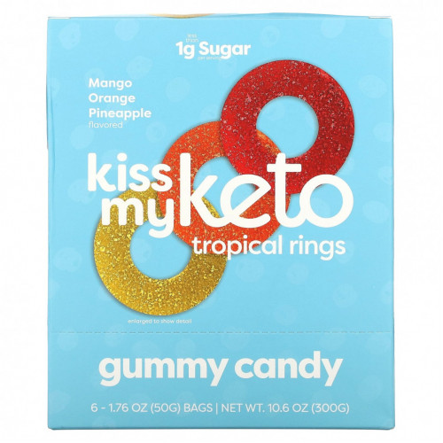 Kiss My Keto, Tropical Rings Gummy Candy, манго, апельсин и ананас, 6 пакетиков по 50 г (1,76 унции)