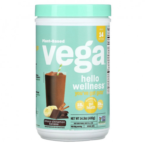 Vega, На растительной основе, Hello Wellness, смесь для напитков, банан с корицей и шоколадом, 405 г (14,3 унции)