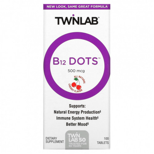 Twinlab, B12 Dots, вишня, 500 мкг, 100 таблеток