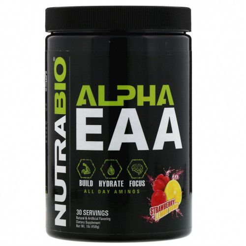 NutraBio Labs, Alpha EAA, незаменимые альфа-аминокислоты, клубника и лимон, 458 г (1 фунт)