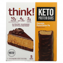 Think !, Keto Protein Bars, шоколадный пирог с арахисовой пастой, 5 батончиков, 40 г (1,41 унции) каждый