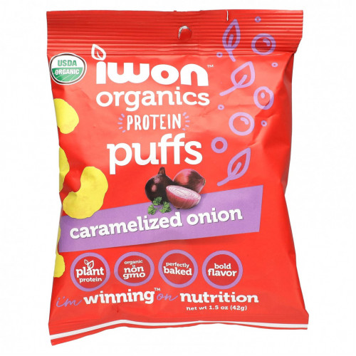 IWON Organics, Organics Protein Puffs, карамелизованный лук, 8 пакетиков по 42 г (1,5 унции)