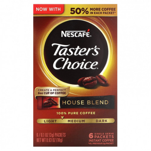 Nescafé, Taster's Choice, растворимый кофе, домашняя смесь, светлый / средний, 6 пакетиков по 3 г (0,1 унции)