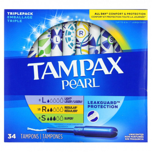 Tampax, Жемчуг, тройная упаковка, легкий / обычный / супер, без запаха, 34 тампона