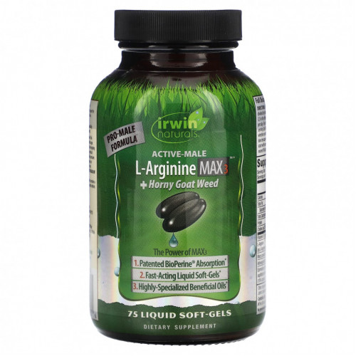 Irwin Naturals, Active-Male, L-аргинин Max3 + Horny Goat Weed, 75 желатиновых капсул