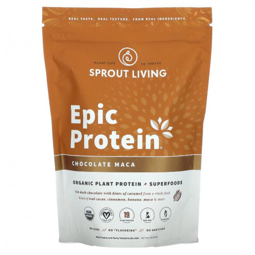 Sprout Living, Epic Protein, органический растительный протеин и суперпродукты, шоколад и мака, 455 г (1 фунт)