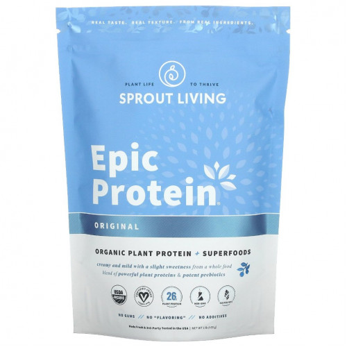 Sprout Living, Epic Protein, органический растительный протеин и суперфуды, классический вкус, 455 г (1 фунт)