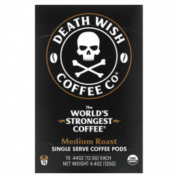 Death Wish Coffee, The World's Strongest Coffee, кофейные капсулы для одной порции, средней обжарки, 10 капсул по 12,5 г (44 унции)