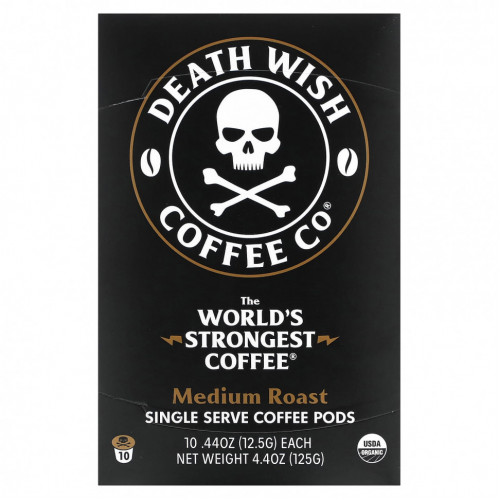 Death Wish Coffee, The World's Strongest Coffee, кофейные капсулы для одной порции, средней обжарки, 10 капсул по 12,5 г (44 унции)