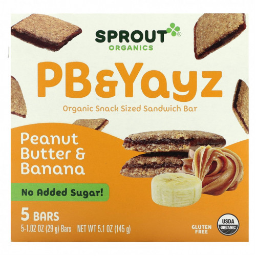 Sprout Organics, PB & Yayz, органический сэндвич-батончик для снеков, арахисовое масло и банан, 5 батончиков, 29 г (1,02 унции)