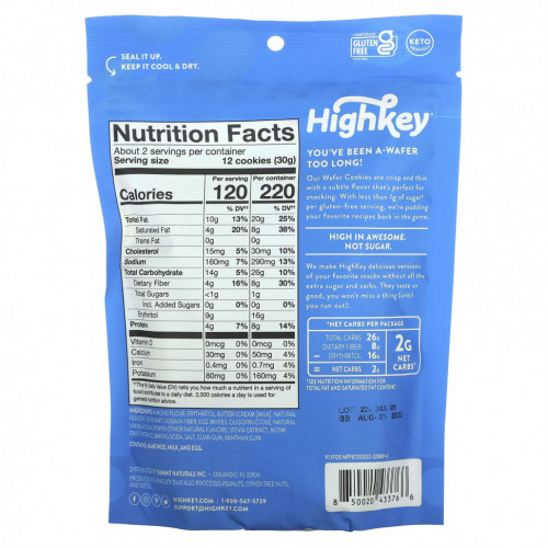 HighKey, Wafers, Vanilla, 2 oz (56.6 g)