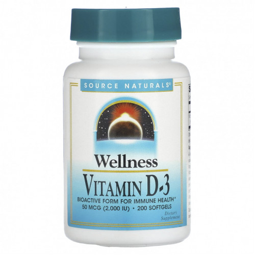 Source Naturals, Wellness, витамин D3, 50 мкг (2000 МЕ), 200 мягких таблеток