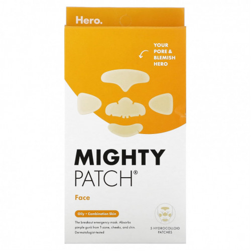 Hero Cosmetics, Mighty Patch, для лица, для жирной, комбинированной кожи, 5 гидроколлоидных патчей