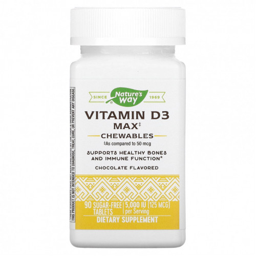 Nature's Way, Vitamin D3 Max, шоколад, 125 мкг (5000 МЕ), 90 таблеток без сахара