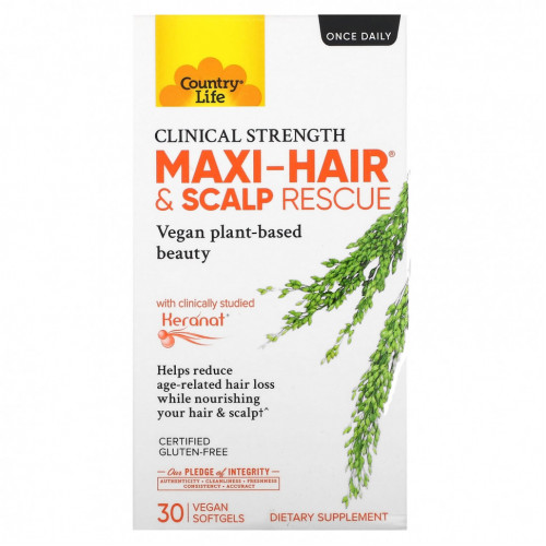 Country Life, Maxi-Hair & Scalp Rescue, клиническая сила, 30 веганских мягких таблеток