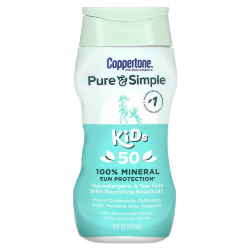 Coppertone, Pure & Simple, для детей, 100% минеральная защита от солнца, SPF 50, 177 мл (6 жидк. Унций)