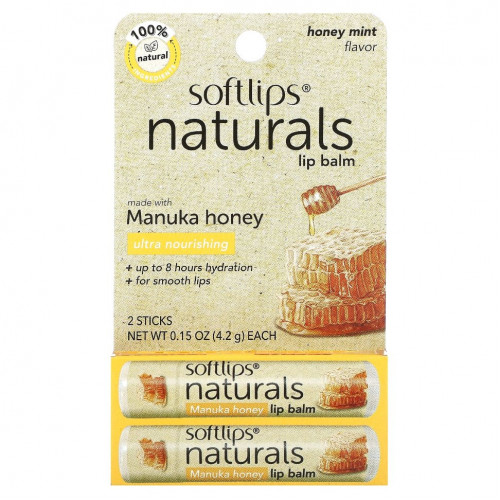 Softlips, Naturals, бальзам для губ с медом манука, мед и мята, 2 палочки по 4,2 г (0,15 унции)