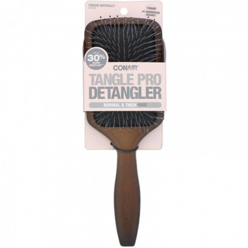 Conair, Tangle Pro Detangler, деревянная плоская расческа, для нормальных и густых волос, 1 шт.