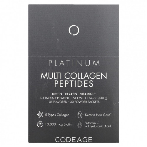 Codeage, Platinum Multi Collagen Peptides, без добавок, 30 пакетиков по 11 г (0,38 унции)