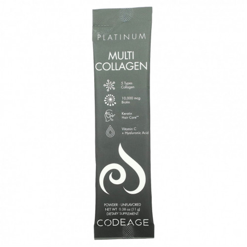 Codeage, Platinum Multi Collagen Peptides, без добавок, 30 пакетиков по 11 г (0,38 унции)