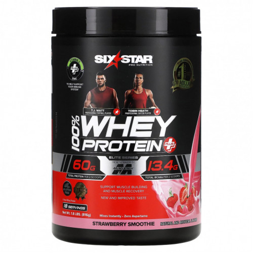 SIXSTAR, Elite Series, 100% Whey Protein Plus, Strawberry Smoothie, 1.8 lbs (816 g)