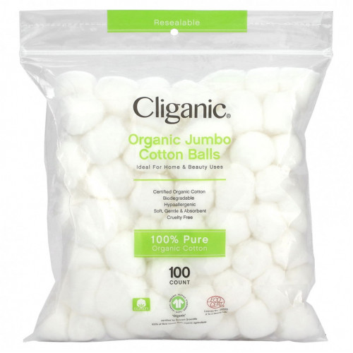 Cliganic, Ватные шарики из органического джамбо, 100 шт.