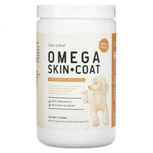 Chew + Heal, Omega Skin + Coat, с незаменимыми жирными кислотами, для собак и кошек, 180 жевательных таблеток, 513 г (18 унций)