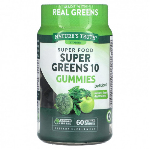 Nature's Truth, Super Food, Super Greens 10, натуральное зеленое яблоко, 60 веганских жевательных мармеладок