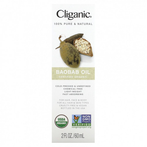 Cliganic, 100% чистое и натуральное, масло баобаба, 60 мл (2 жидк. Унции)