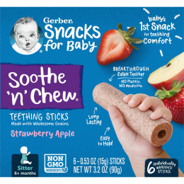 Gerber, Snacks for Baby, Soothe 'n' Chew, палочки для прорезывания зубов, от 6 месяцев, клубничное яблоко, 6 палочек в индивидуальной упаковке, 15 г (0,53 унции) каждый