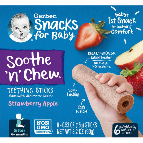 Gerber, Snacks for Baby, Soothe 'n' Chew, палочки для прорезывания зубов, от 6 месяцев, клубничное яблоко, 6 палочек в индивидуальной упаковке, 15 г (0,53 унции) каждый