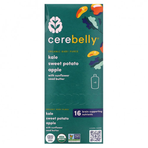 Cerebelly, Organic Baby Puree, Kale, Sweet Potato, Apple with Sunflower Seed Butter , 6 Pouches, 4 oz (113 g) Each