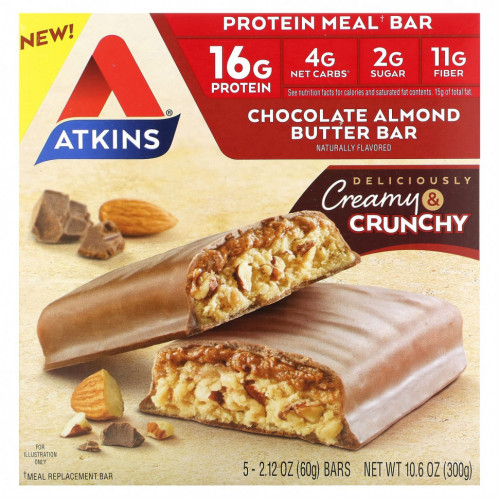 Atkins, Protein Meal Bar, батончик с шоколадным и миндальным маслом, 5 батончиков по 60 г (2,12 унции)